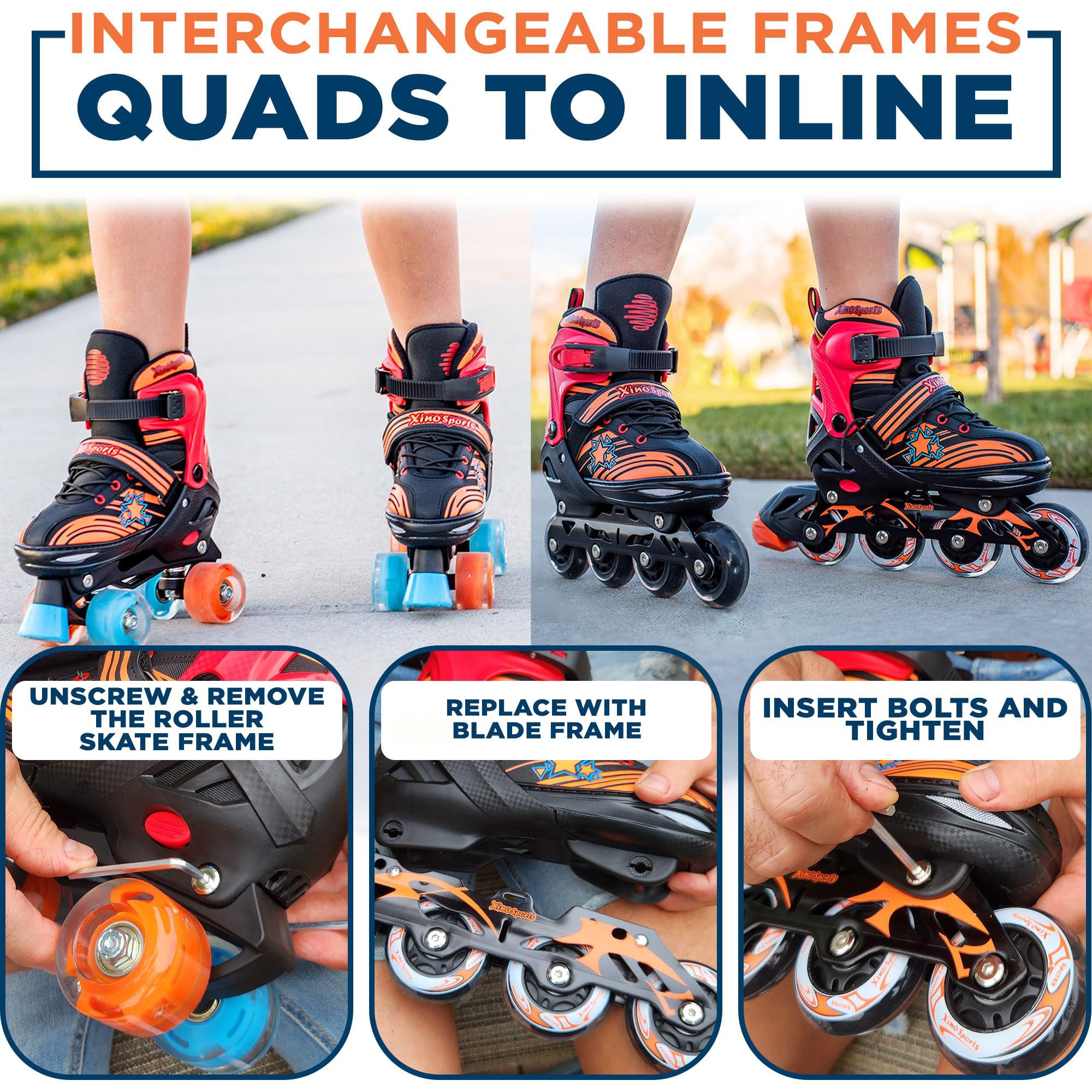 Quad Skates, Inline Skates Combo | Adjustable | Kids, Youth - Xino Sports