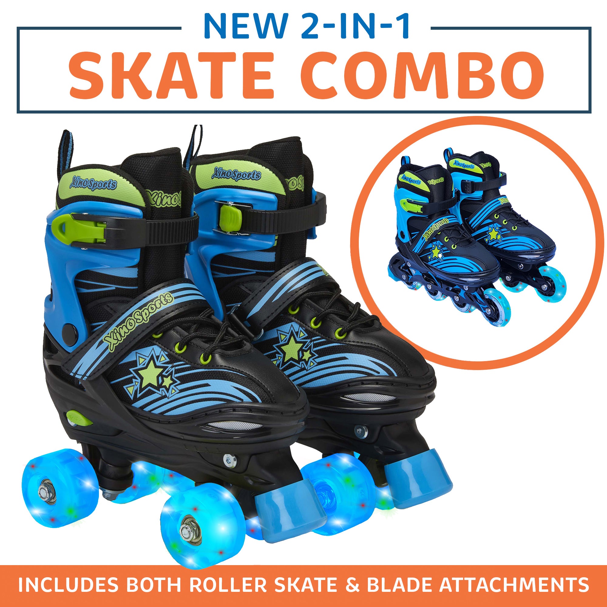 Roller Blades Combo |  Light-Up Skates for Kids, Youth - Black - Xino Sports