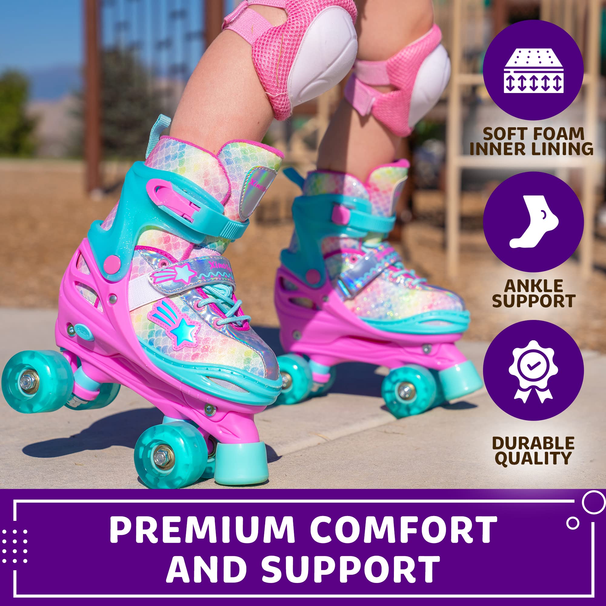 Roller Skates for Kids | Quality, Light-Up, Adjustable Skates | Rainbow | Xino Sports - Xino Sports