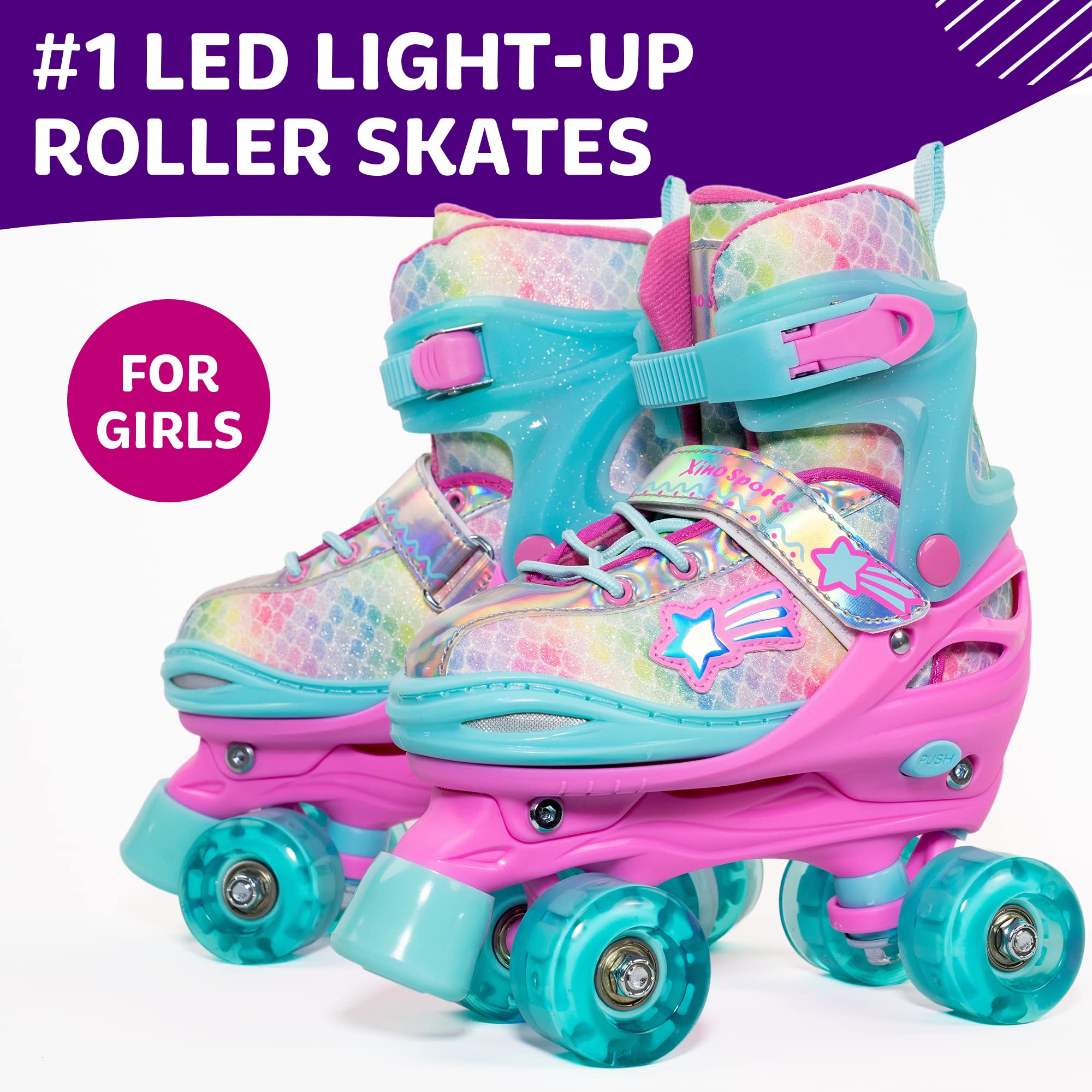 Roller Skates for Kids Light-Up, Adjustable Skates Rainbow