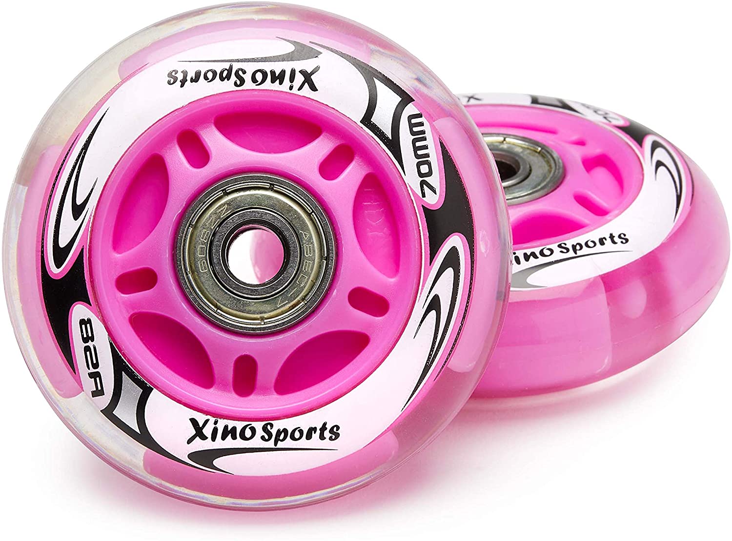Xino Sports Inline Skates Replacement Wheels with LED Illuminating Lights, Bearings Included, Pack of 2 (Fuchsia) - Xino Sports