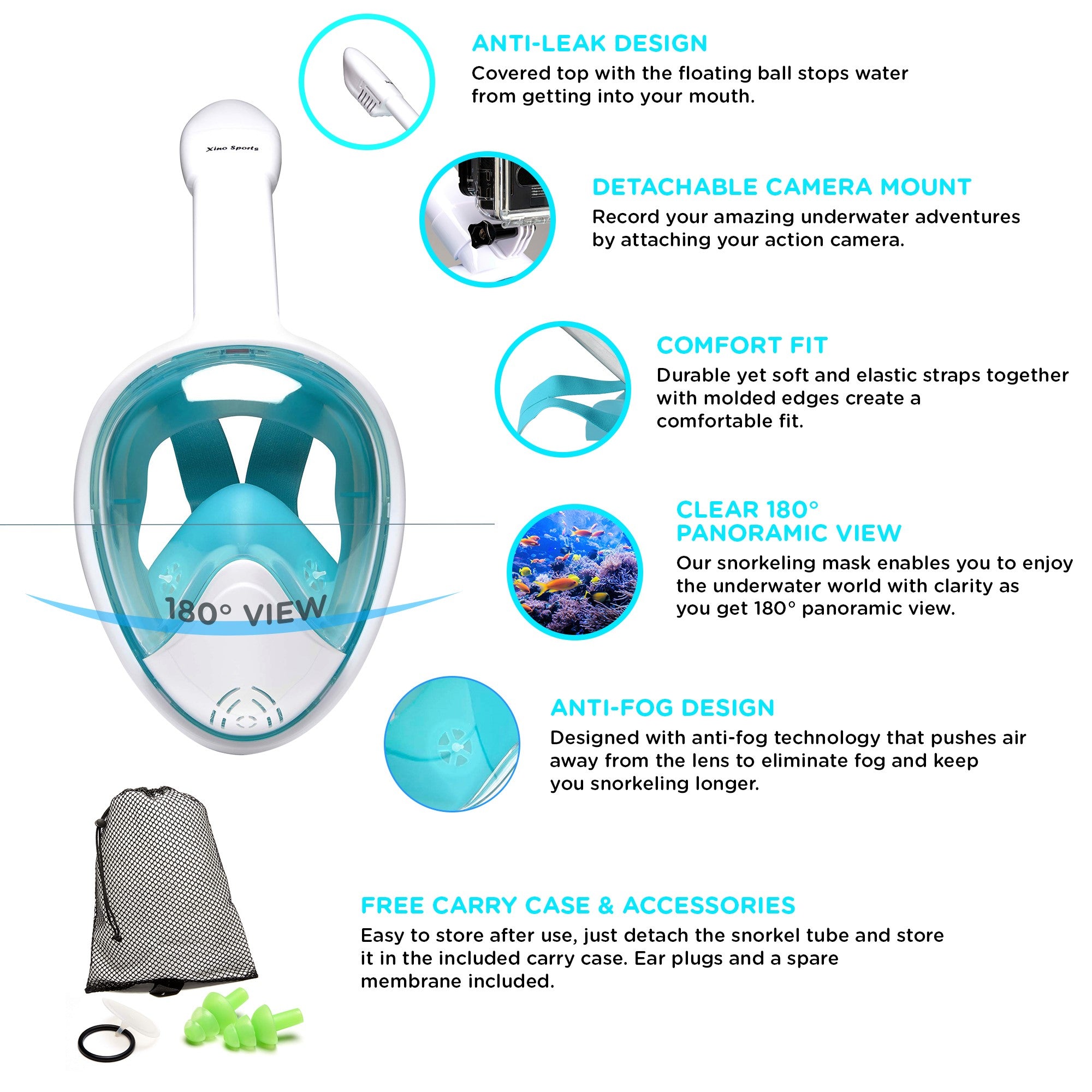 Snorkel Mask Panoramic Full Face Design for Adults and Youth Will Provide Hours of Fun, Xino Sports Diving Mask, Perfect View with Large Viewing Area - Xino Sports