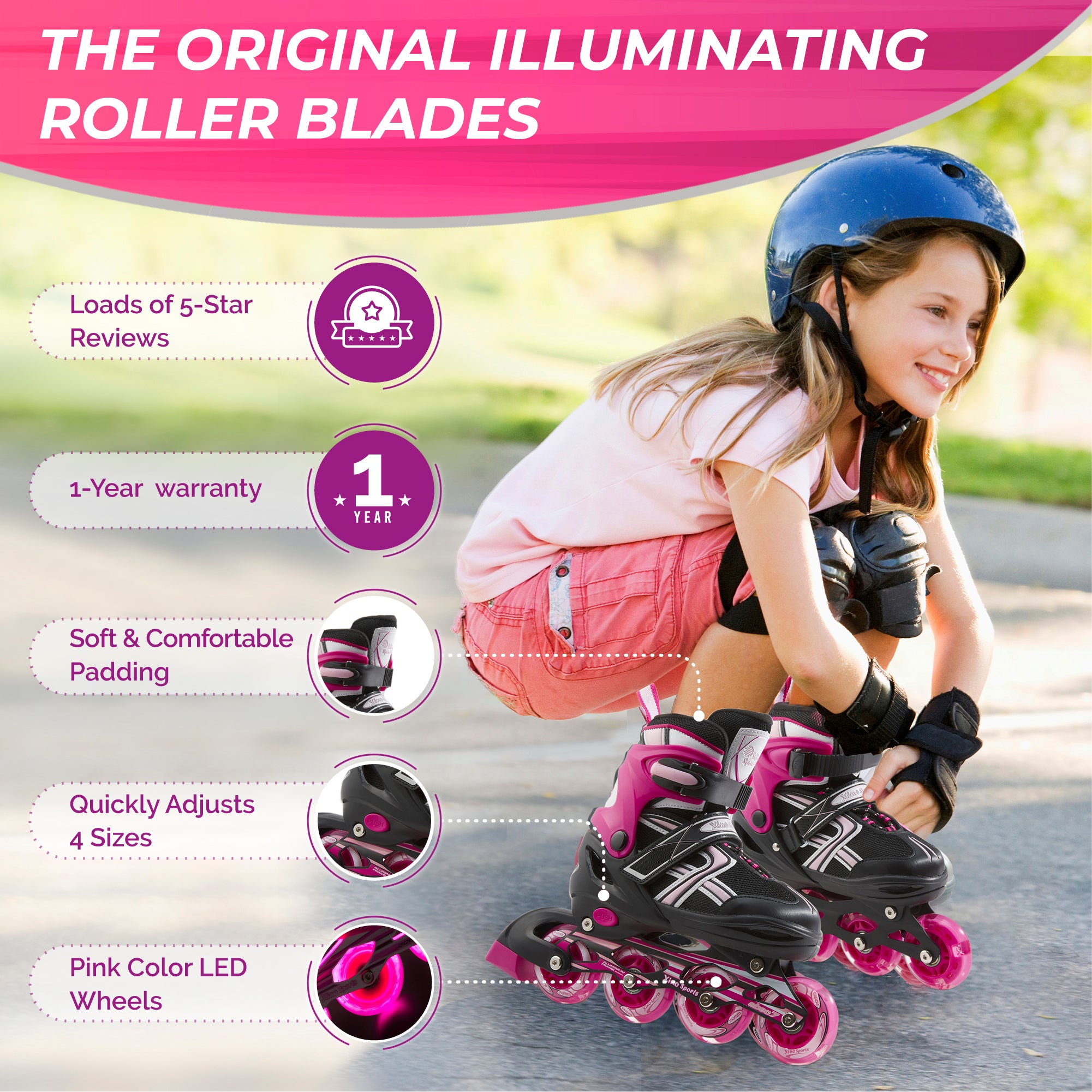 Xino Sports Adjustable Kids Inline Skates for Girls & Boys with Light Up Wheels (Ages 5-20) – Roller Skates with Illuminating Wheels - Xino Sports